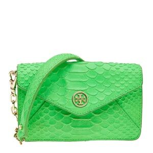 Tory Burch Neon Green Snake-Embossed Leather Shoulder Bag with Gold Chain